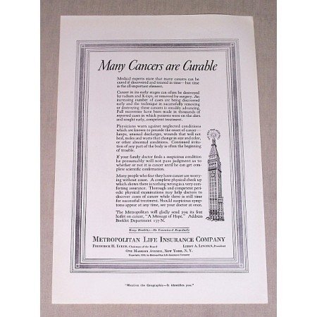 1937 Metropolitan Life Insurance Print Ad - Cancers are Curable
