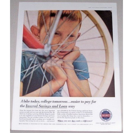 1958 Insured Savings and Loan Color Print Ad - Bike Today College Tommorrow