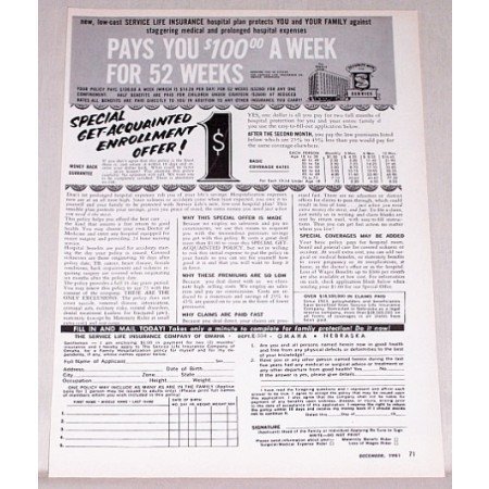 1961 Service Life Insurance Company Print Ad