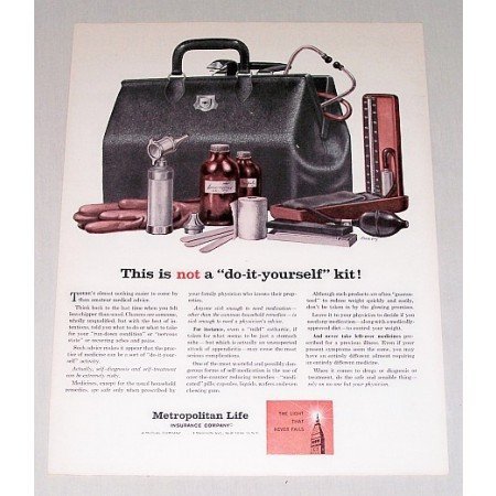 1961 Metropolitan Life Insurance Doctor's Bag Supplies Color Art Print Ad