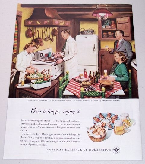 1948 Beer Belongs Series #14 Color Brewery Art Print Ad A SNACK AFTER THE MOVIES