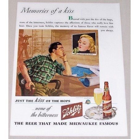 1944 Schlitz Beer Rosen Art Color Brewery Print Ad - Memories Of A Kiss