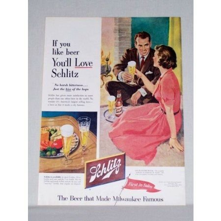 1953 Schlitz Beer Color Print Ad - Kiss Of The Hops