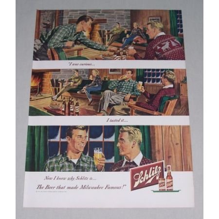 1949 Schlitz Beer Fireplace Winter Cabin Art Color Print Ad