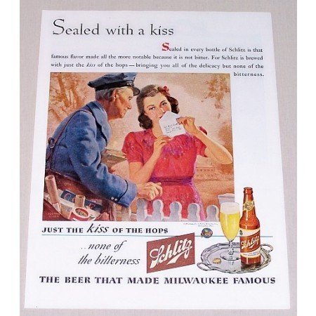 1944 Schlitz Beer Postal Mailman Rosen Art Color Print Ad