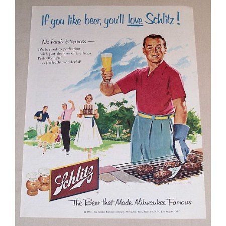 1954 Schlitz Beer Outdoor Cookout Art Color Print Ad