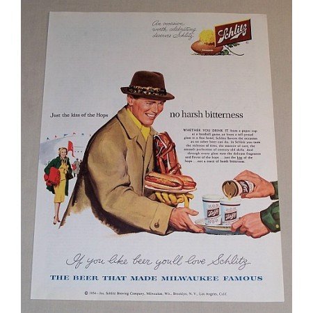 1954 Schlitz Beer Color Art Print Ad - Hot Dogs at Football Game