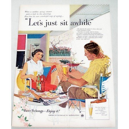 1956 Beer Belongs Color Art Print Ad - Let's Just Sit Awhile