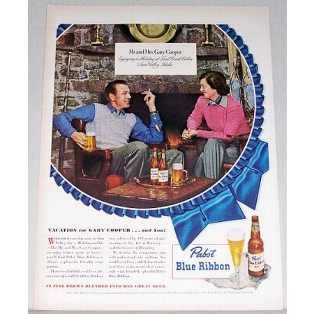 1948 Pabst Blue Ribbon Beer Color Print Ad Celebrity Gary Cooper