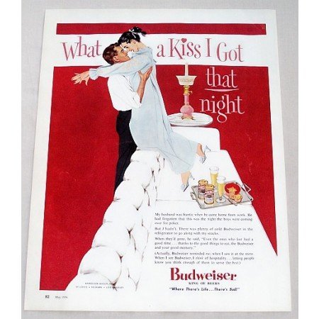 1956 Budweiser Beer Color Art Print Ad - What A Kiss I Got