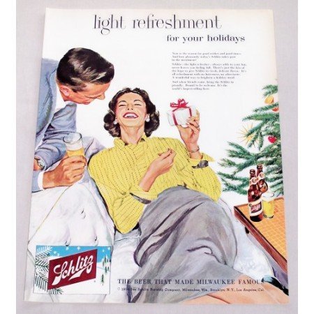 1956 Schlitz Beer Color Christmas Art Print Ad - Light Refreshment