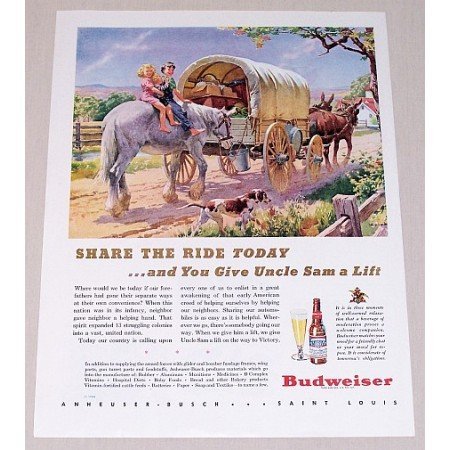 1944 Budweiser Beer Horses Stagecoach Art Color Print Ad - Share The Ride Today
