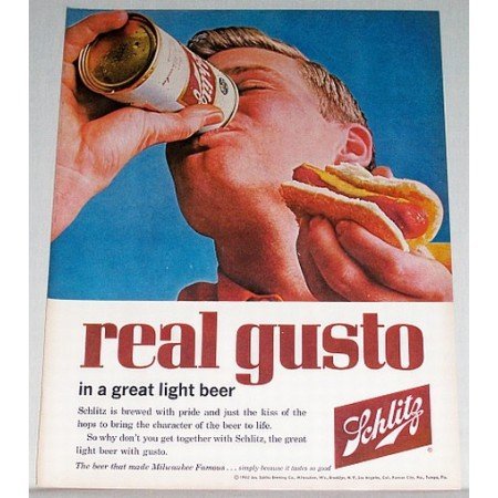1962 Schlitz Beer Can Color Print Ad - Real Gusto