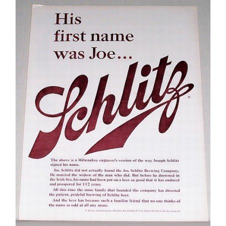 1961 Schlitz Beer Color Print Ad - First Name Was Joe