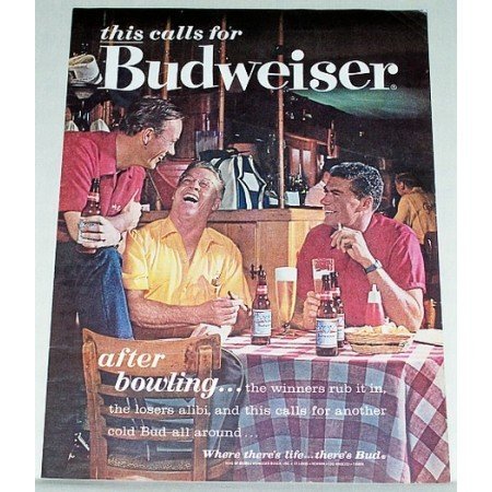 1963 Budweiser Beer Color Print Ad - After Bowling