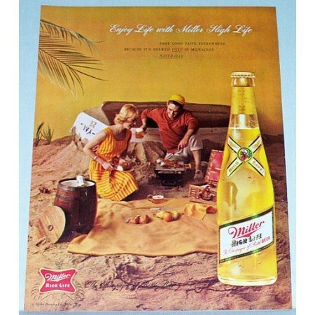 1962 Miller High Life Beer Beach Picnic Color Print Ad