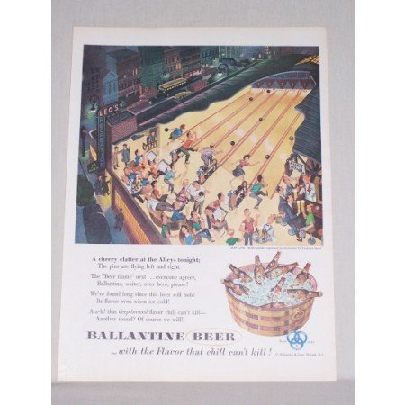 1953 Ballantine Beer Bowling Night Siebel Art Color Print Ad