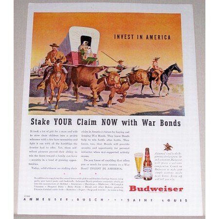 1944 Budweiser Beer Stage Coach Horses Western Art Color Print Ad - Stake Your Claim Now