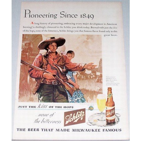 1943 Schlitz Beer Color Art Print Ad - Pioneering Since 1849