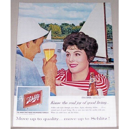 1959 Schlitz Beer Sailing Art Color Print Ad Celebrity Erin O'Brien