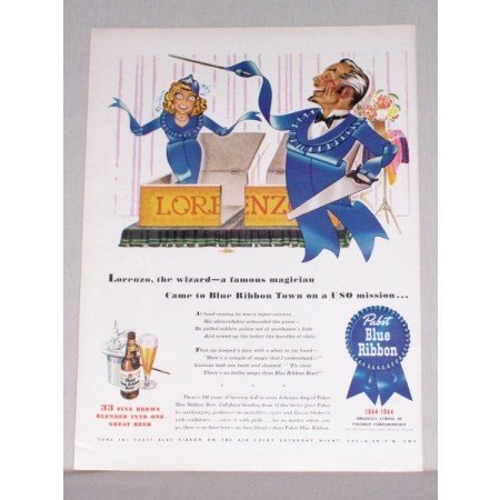 1944 Pabst Blue Ribbon Beer Magician Art Color Print Ad - Lorenzo The Wizard