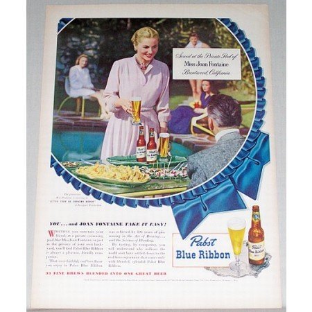 1948 Pabst Blue Ribbon Beer Color Print Ad Celebrity Joan Fontaine