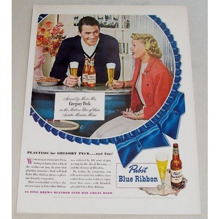 1948 Pabst Blue Ribbon Beer Color Print Ad Celebrity Gregory Peck