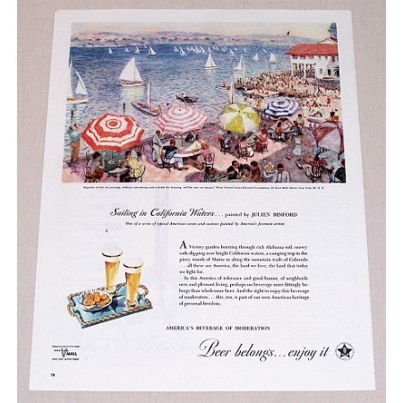1945 Beer Belongs Color Art Print Ad - Sailing In California Waters