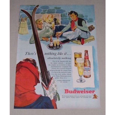 1949 Budweiser Beer Snow Skiing Art Color Print Ad