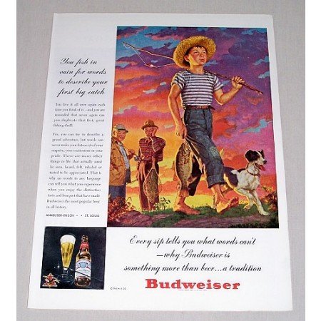 1946 Budweiser Beer Cane Pole Fishing Art Color Print Ad