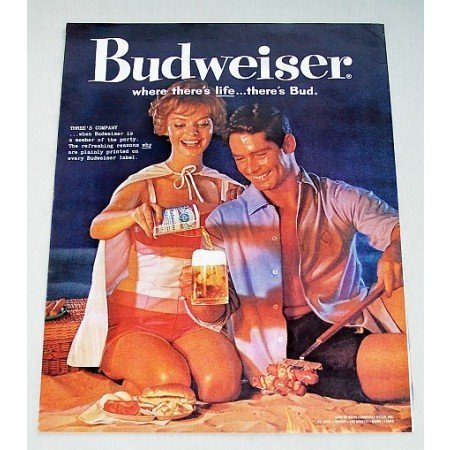 1960 Budweiser Beer Beach Picnic Color Ad - Three's Company