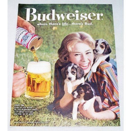 1960 Budweiser Beer Puppies Dogs Color Animal Print Ad - Count'em