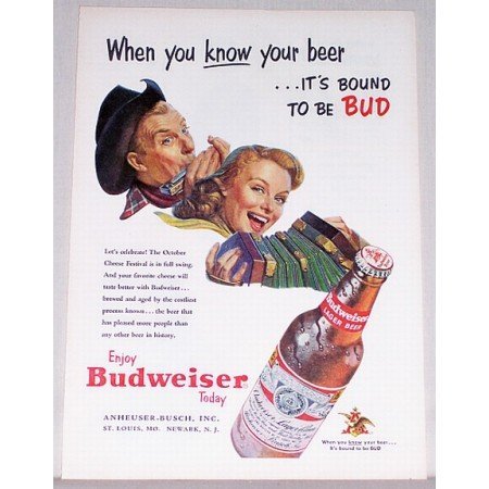 1953 Budweiser Beer Color Art Print Ad - October Cheese Festival