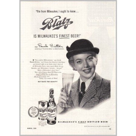 1951 Blatz Beer Print Ad Celebrity Pamela Britton