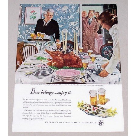 1947 Beer Belongs Series #10 Thanksgiving Dinner Color Print Ad