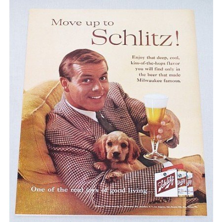 1960 Schlitz Beer Puppy Dog Color Animal Print Ad - Move Up To Schlitz!