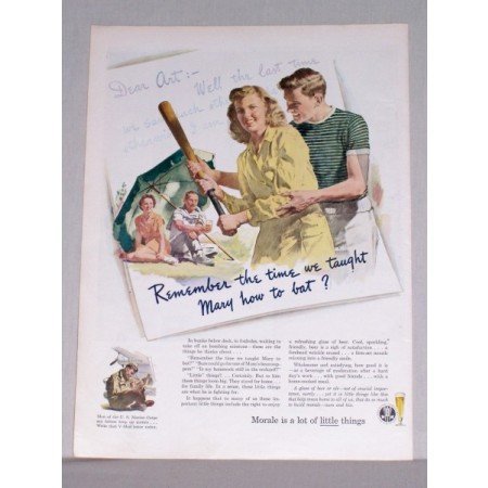 1944 Brewery Institute Baseball Art Color Print Ad - Taught Mary To Bat