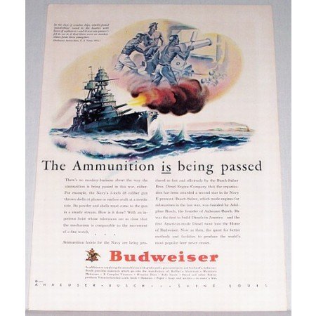 1943 Budweiser Beer Wartime Warship Art Color Print Ad - Ammunition Is Passed