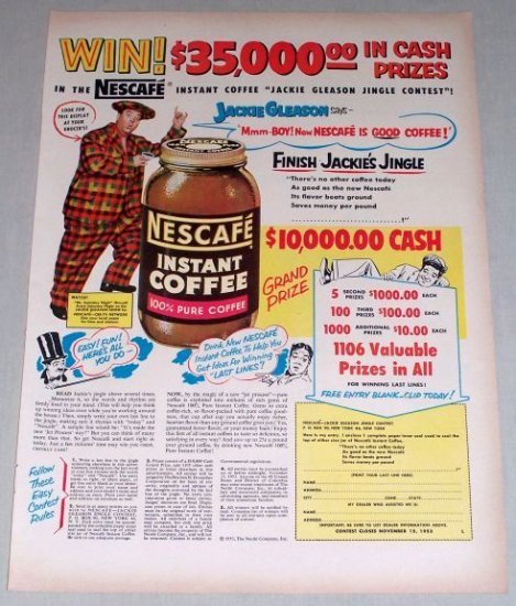1953 Nescafe Coffee Color Print Ad Celebrity Jackie Gleason