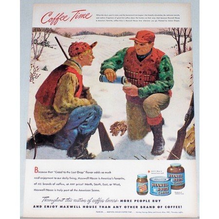 1948 Maxwell House Coffee Outdoor Hunting Winter Art Color Print Ad