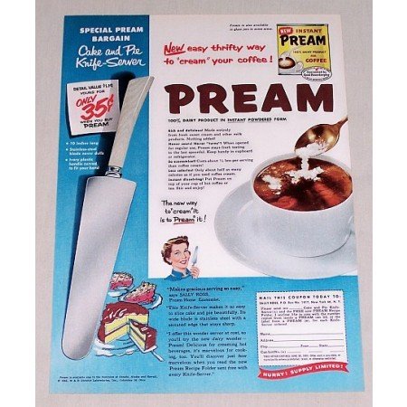 1955 Pream Coffee Cake Pie Knife Server Offer Color Print Ad