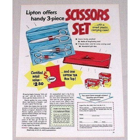1955 Lipton Tea Bags 3 Pc Scissors Set Offer Color Print Ad