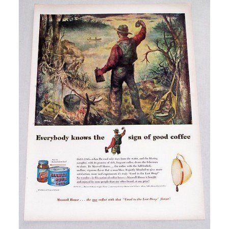 1949 Maxwell House Coffee Outdoor Woods Camping Art Color Print Ad - Day's End