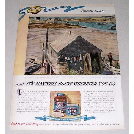 1946 Maxwell House Coffee Seacoast Village Art Color Print Ad