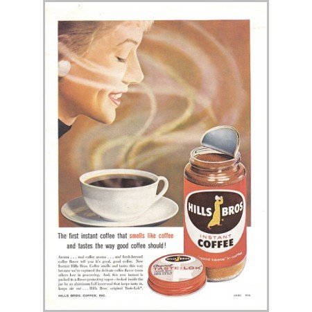 1958 Hills Bros. Instant Coffee Color Print Ad - Real Coffee Aroma