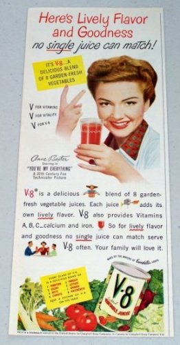 1949 V-8 Cocktail Vegetable Juice Color Print Ad Celebrity Ann Baxter