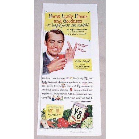 1949 V-8 Vegetable Juice Color Print Ad Celebrity Alan Ladd