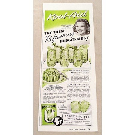 1947 Kool Aid Drink Color Print Ad Celebrity Sonja Henie