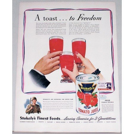 1942 Stokelys Tomato Juice Wartime Color Art Print Ad - Toast To Freedom