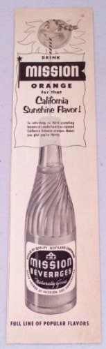 1952 Mission Beverages Orange Drink Bottle Vintage Print Ad